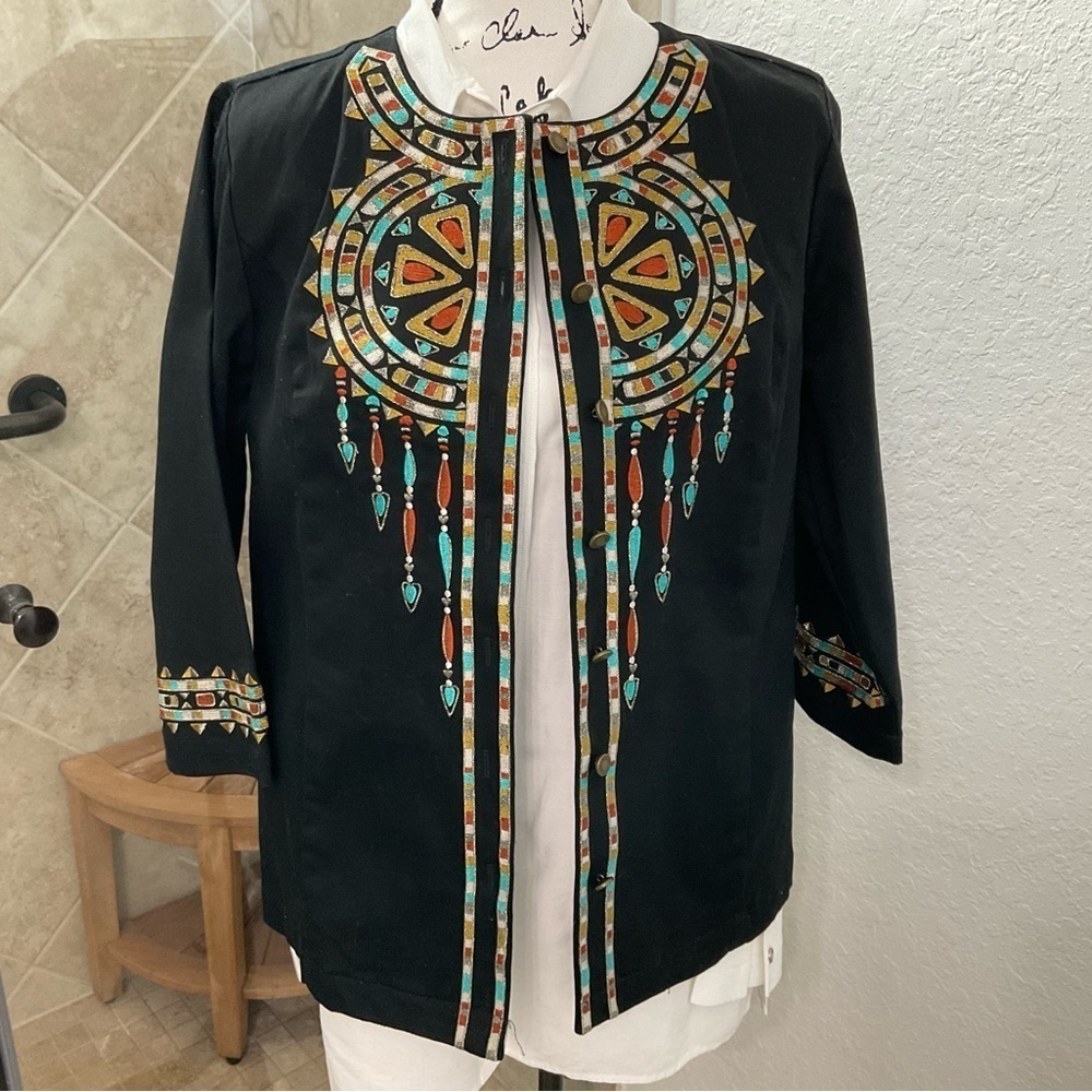 16- Stunning Bob Mackie Jacket Black with Southwestern Designs. Like New. Cotton